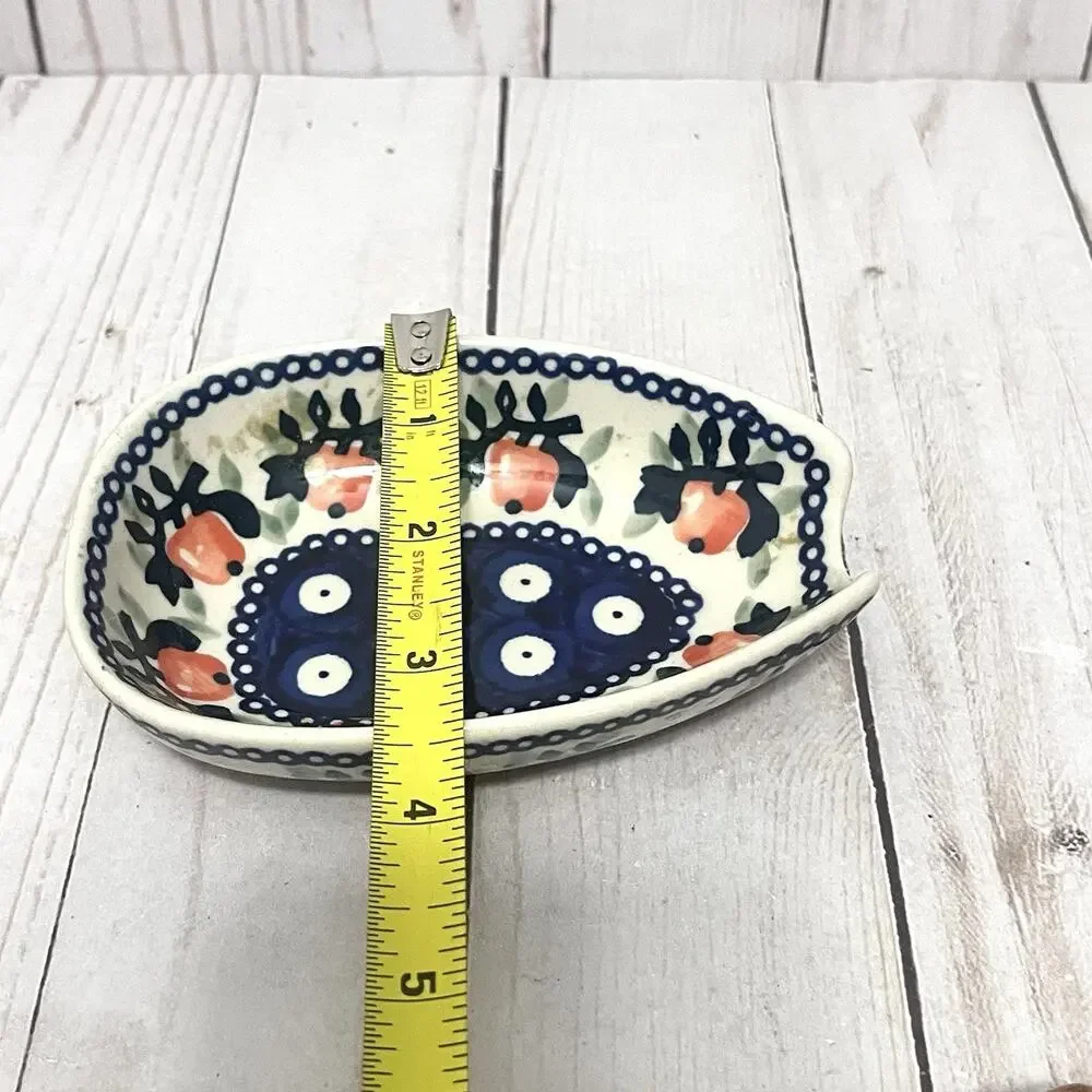 Boleslawca Polish Pottery Spoon Rest Handpainted Blue Orange Floral 5”